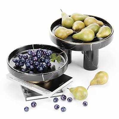 Fresh Purple Grapes and Green Pears on Marble Pedestal Plates with Stacked Books 3d model