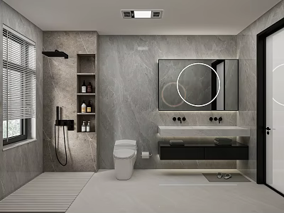 Modern Luxury Grey Marble Bathroom Interior Design With Smart LED Mirror And Full Functional Fixtures 3d model