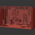 Detailed Handmade Wooden Box Scene With Sewing Machine Table Chair Red Curtains And Decor