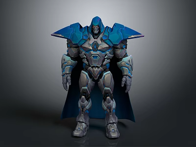 Sci Fi Mechanical Character Design With Blue Silver Armor Large Shoulder Plates And Cape 3d model