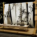 Minimalist Art Installation With Bamboo Screens Tea Elements And Wooden Structure