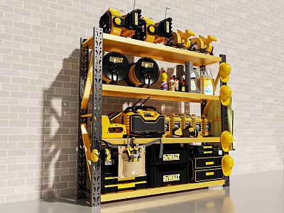 Workshop Display Shelf With Yellow And Black Tools Tool Rolls And Bottles 3d model