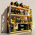 Workshop Display Shelf With Yellow And Black Tools Tool Rolls And Bottles
