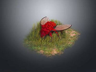 Red Flower Shaped Object With Wings Placed On Green Grass Area 3d model