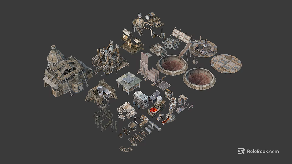 Ancient Architectural Components With Various Medieval Mechanical Model Structures And Circular Platforms 3d model