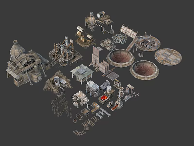 Ancient Architectural Components With Various Medieval Mechanical Model Structures And Circular Platforms 3d model