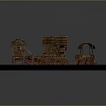 Ancient Wooden Transportation And Building Models With Carts Cabins And Barrels