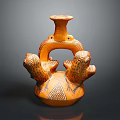 Hand Carved Orange Pottery Sculpture Featuring Two Animal Heads And Geometric Patterns