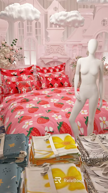 Pink Strawberry Pattern Bedding With Soft Sheets And White Mannequin In Bedroom 3d model 