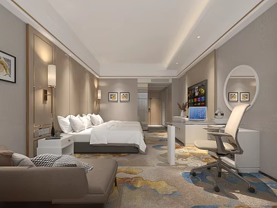 Modern Hotel Room Interior With Comfortable Bed Work Desk Sofa TV And Decorative Carpet 3d model
