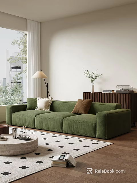 Green Sofa Coffee Table Set With Pillows Floor Lamp Wooden Cabinet In Modern Living Room 3d model 