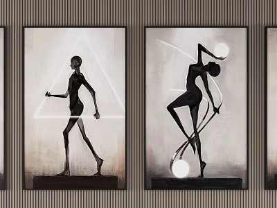 Abstract Figurative Paintings With Black Silhouette Figures And Geometric Shapes On Gray White Background 3d model