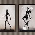 Abstract Figurative Paintings With Black Silhouette Figures And Geometric Shapes On Gray White Background