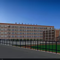 Red Brick School Building With Multiple Floors Green Lawn And Open Courtyard 3d model