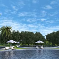 Garden Landscape Featuring Pool Loungers Umbrellas Green Trees Palm Trees Blue Sky And White Clouds