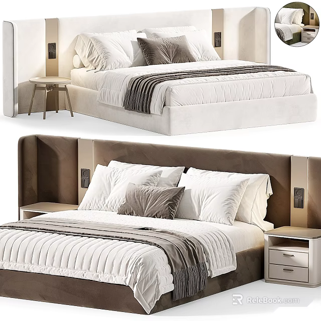 Modern Double Bed With Neutral Tones Headboard Pillows And Nightstand Design 3d model 