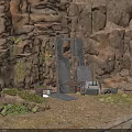 Rocky Cave Interior With Metal Door Plants Wooden Crates And Dirt Ground