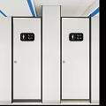 Modern Public Toilet Interior With Clean Stalls White Walls And Blue Trim