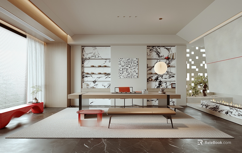 Modern Tea Room Interior Design With Long Table Red Chairs Bench And Wall Decorations 3d model 