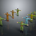 Military Soldier Models in Various Military Uniforms with Arms Outstretched Pose on Dark Background