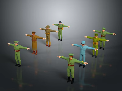 Military Soldier Models in Various Military Uniforms with Arms Outstretched Pose on Dark Background 3d model
