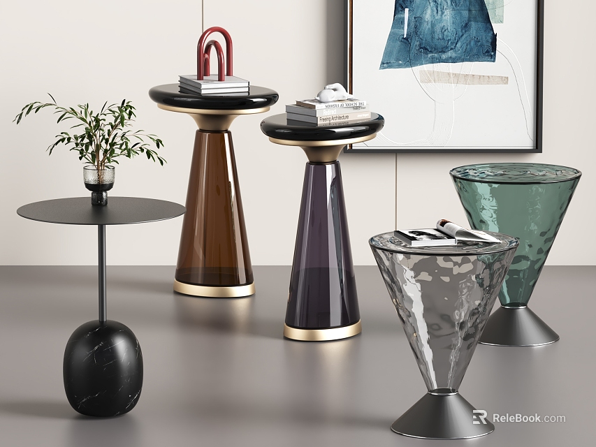 Modern Stylish Side Tables With Glass Tops Metal Bases Conical Shapes And Decorative Books Plant 3d model 