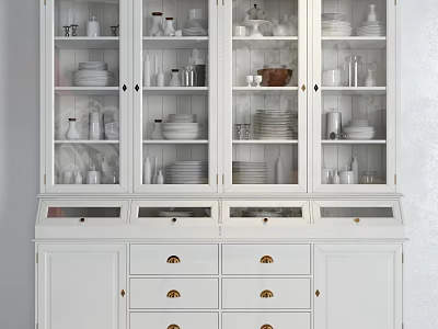 Elegant White Sideboard With Glass Doors Displaying Plates Cups And Decorative Items 3d model