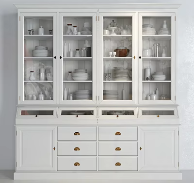 Elegant White Sideboard With Glass Doors Displaying Plates Cups And Decorative Items 3d model
