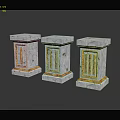 Three Ornamental Stone Columns With White Pedestals And Yellow Decorative Patterns
