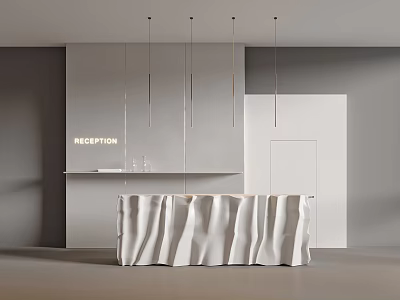 Modern Reception Desk With Wavy Countertop Hanging Lights And Minimalist Grey Interior 3d model