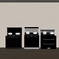Black Integrated Kitchen Appliances With Gas Stoves Pots And Blue Flames