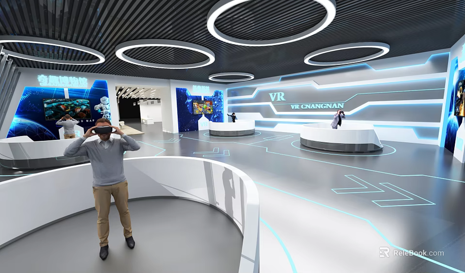 VR Exhibition Hall With People Using VR Headsets Circular Podiums And Futuristic Circular Lights 3d model 