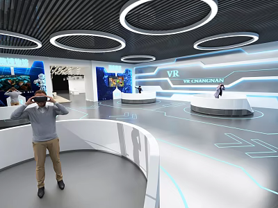 VR Exhibition Hall With People Using VR Headsets Circular Podiums And Futuristic Circular Lights 3d model