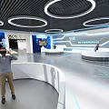 VR Exhibition Hall With People Using VR Headsets Circular Podiums And Futuristic Circular Lights