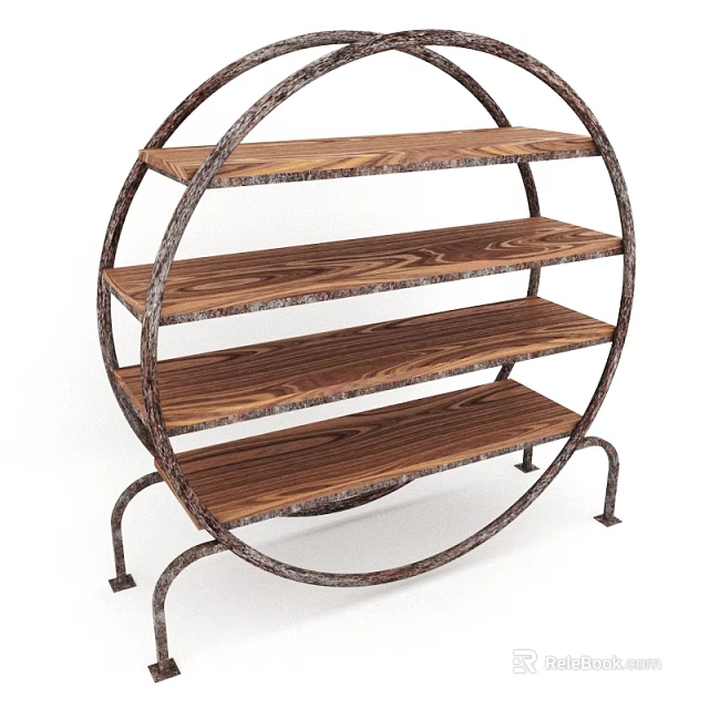 Rustic Storage Shelf With Circular Metal Frame And Wooden Tiers For Organizing 3d model 