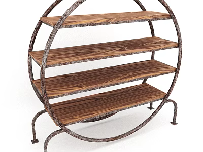Rustic Storage Shelf With Circular Metal Frame And Wooden Tiers For Organizing 3d model