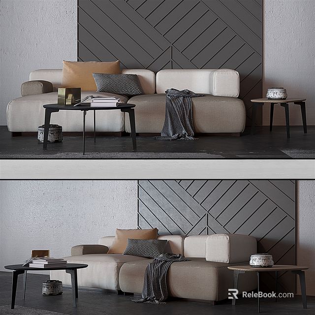 Beige Two Seater Sofa With Brown Grey Pillows Throw Blanket Side Table And Geometric Wall 3d model 