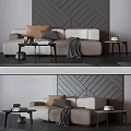 Beige Two Seater Sofa With Brown Grey Pillows Throw Blanket Side Table And Geometric Wall