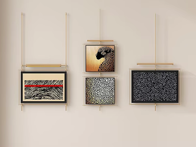 Stylish Multiple Wall Artworks With Different Patterns Hanging On Light Wall 3d model