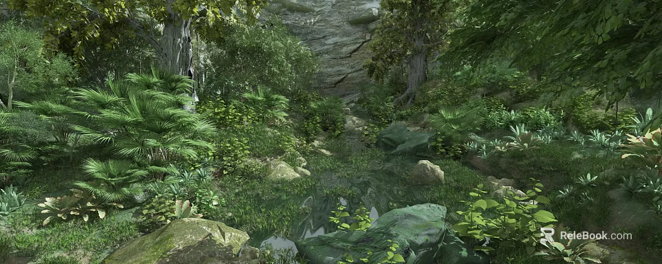 Scenic Natural Landscape With Flowing Stream Rocky Ground And Lush Green Vegetation 3d model 