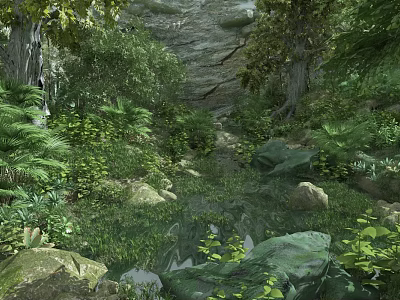 Scenic Natural Landscape With Flowing Stream Rocky Ground And Lush Green Vegetation 3d model