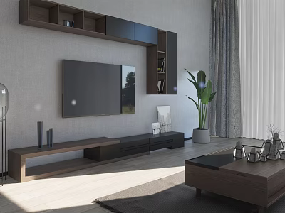 Modern Wooden TV Stand in Living Room with TV Green Plant and Storage Cabinet 3d model