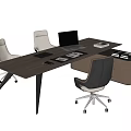 Modern Wooden Office Desk With Leather Office Chairs Laptop Stacked Documents And Storage Cabinet
