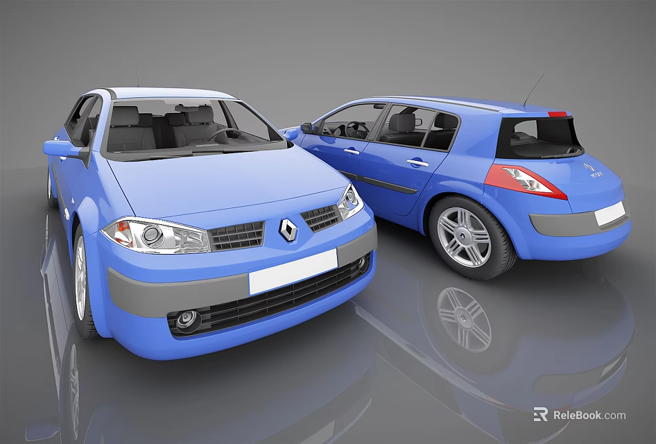 Two Blue Hatchback Cars Displayed In Front And Side Angles With Shiny Floor Reflection 3d model 