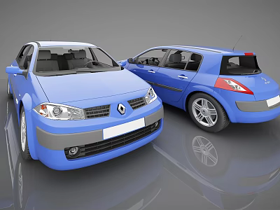 Two Blue Hatchback Cars Displayed In Front And Side Angles With Shiny Floor Reflection 3d model