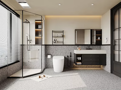 Modern Bathroom Interior Design With Glass Shower Toilet Vanity And Storage Cabinets 3d model