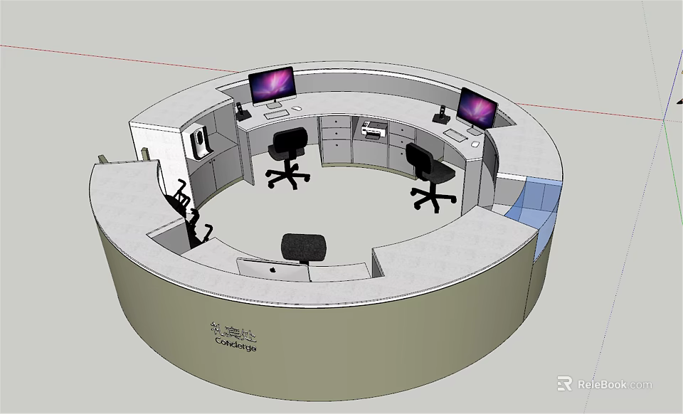 Circular Reception Desk Design With Two Computers Office Chairs And Workstations 3d model 