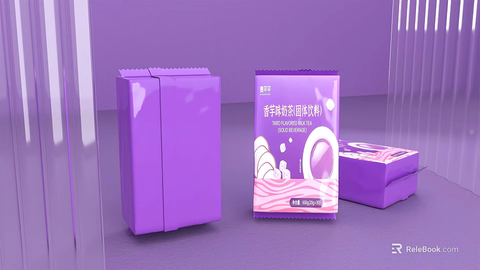 Purple Decorative Ornament Set With Boxes Packaging And Wavy Pattern Design 3d model 