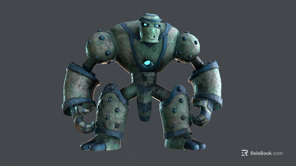Bulky Worn Stone Robot Character With Green Gray Armor And Metal Joints 3d model 