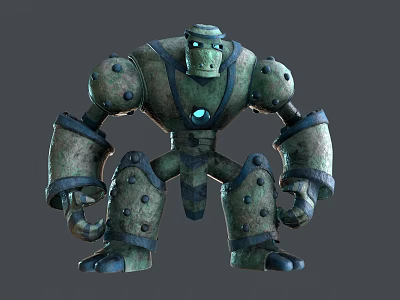 Bulky Worn Stone Robot Character With Green Gray Armor And Metal Joints 3d model